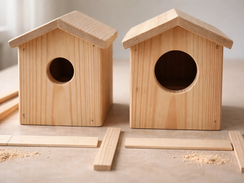 Close-up of two birdhouse wood boxes with entrance holes, showing size and placement differences