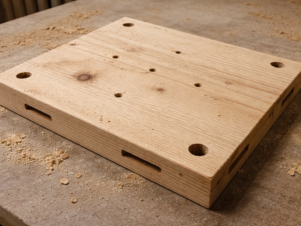 Close-up of a wooden floor panel with drilled drainage holes and small side ventilation gaps