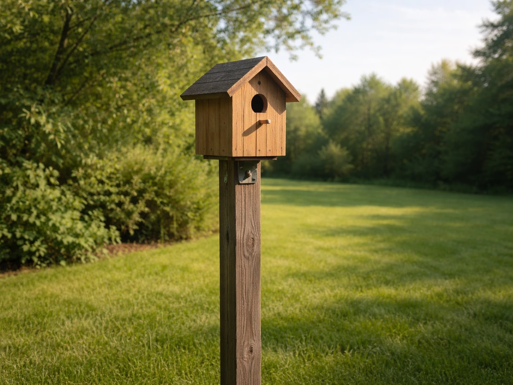 Wooden birdhouse mounted on a backyard post at about 6 feet, entrance oriented toward open sky.