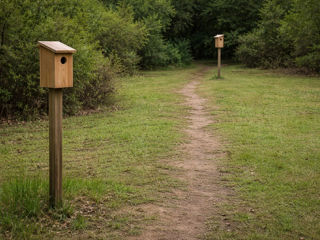 Two birdhouses set far apart in a simple yard, showing territorial spacing for cavity nesters