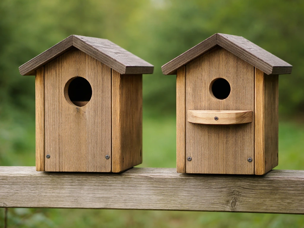 Two plain birdhouses side by side showing wrong vs correct entrance and baffle placement.