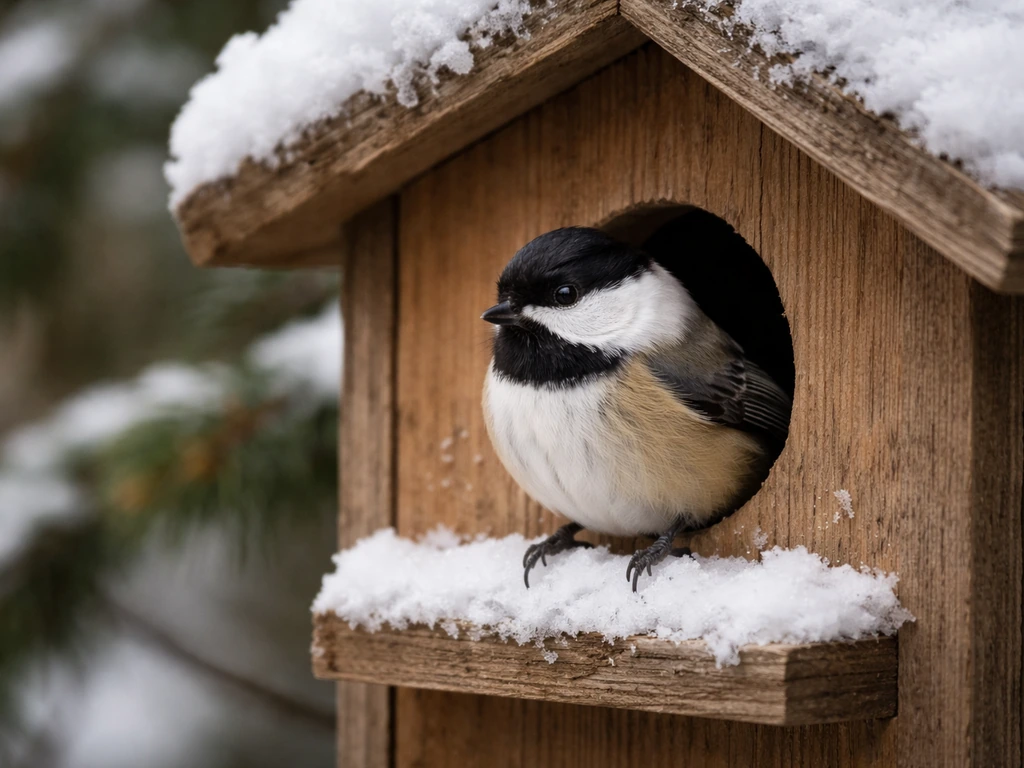 A chickadee perched at a snowy birdhouse entrance in winter, with blurred evergreen background.