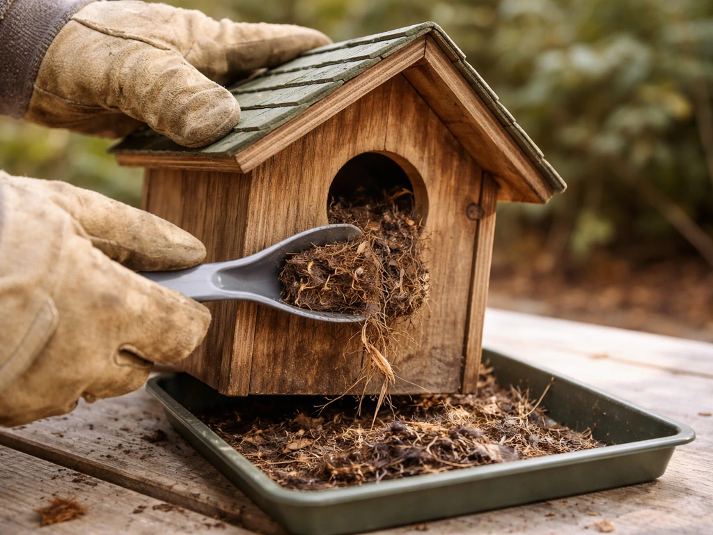 Gloved hands cleaning out old nesting material from an open wooden birdhouse before winter