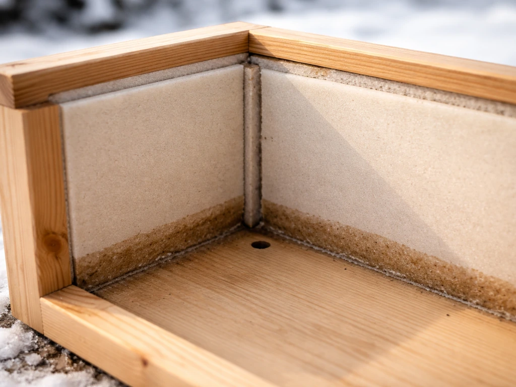Closeup cutaway of a winter storage box floor showing a small drainage hole and slight ventilation gaps.