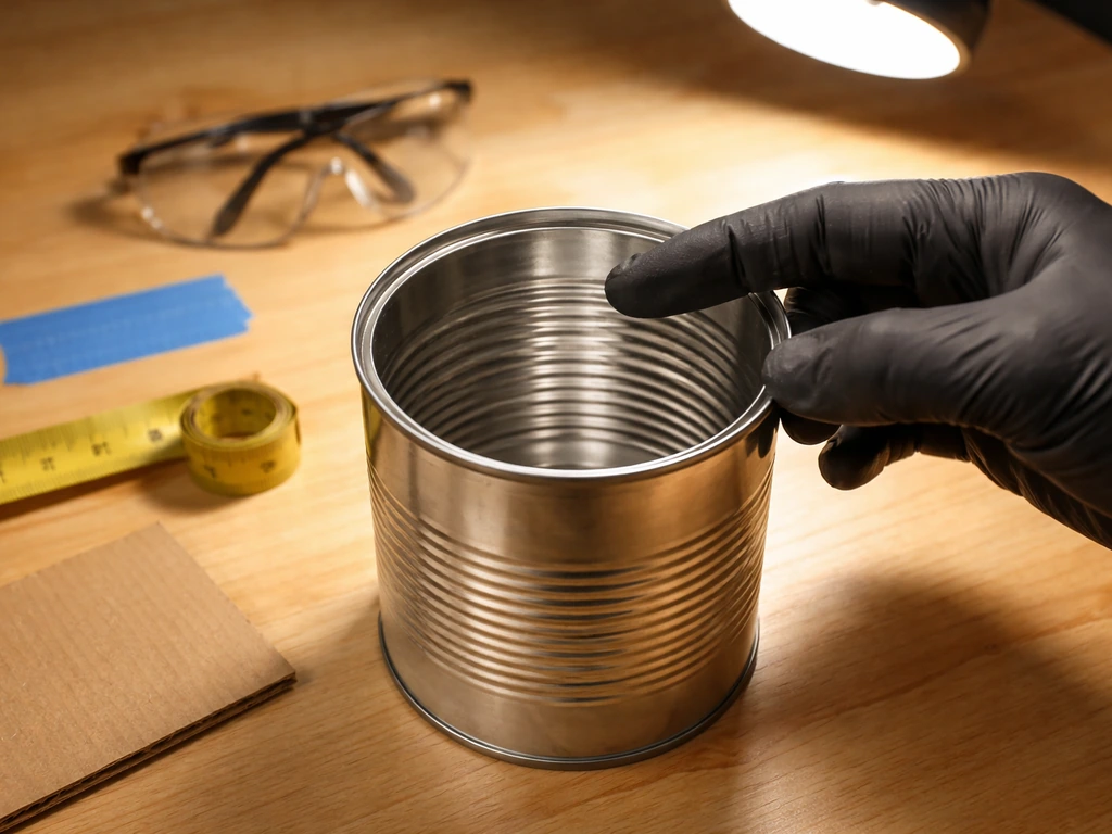 Unlabeled coffee can on a workbench with interior inspection and simple drill-prep items nearby.