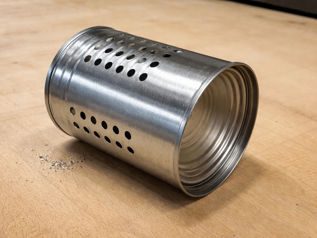 Close-up of a metal can showing evenly spaced ventilation holes on the top and side