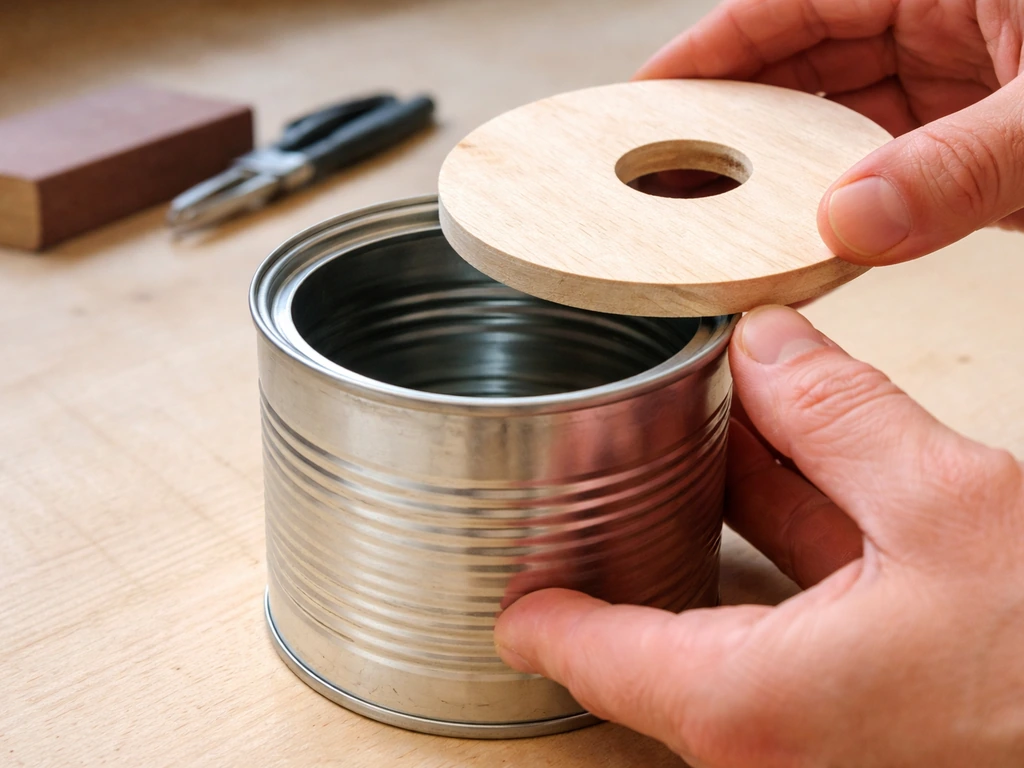 Hand positioning a circular wood disc over a cleaned coffee-can nest cavity entrance