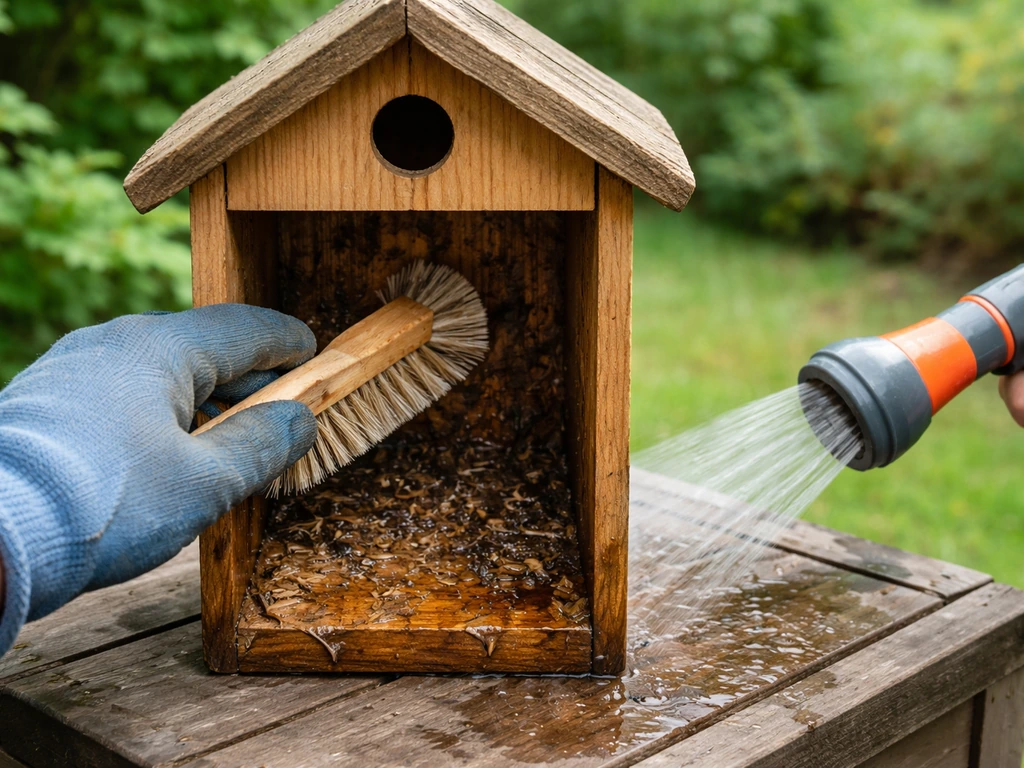Gloved hands scrub the inside of a wooden birdhouse with a stiff brush after nesting season.