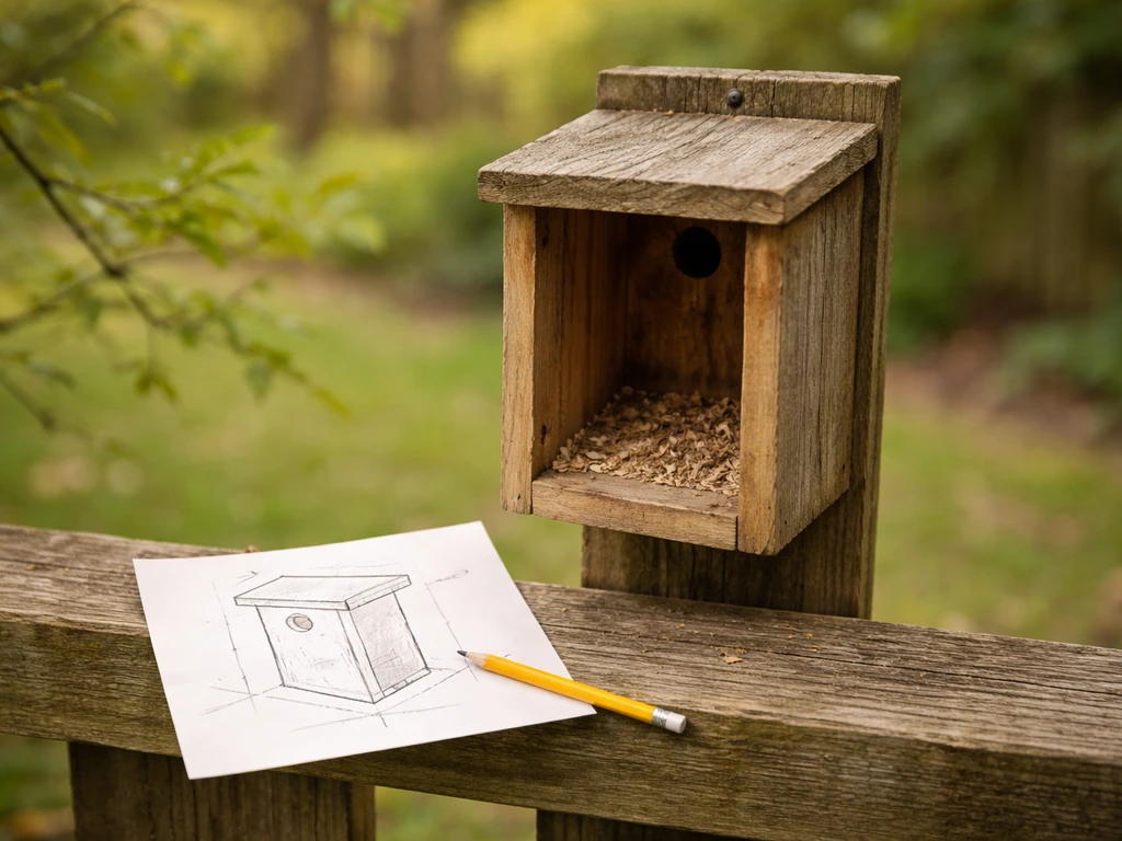 Weathered birdhouse on a fence with a blank paper plan and pencil suggesting placement planning.