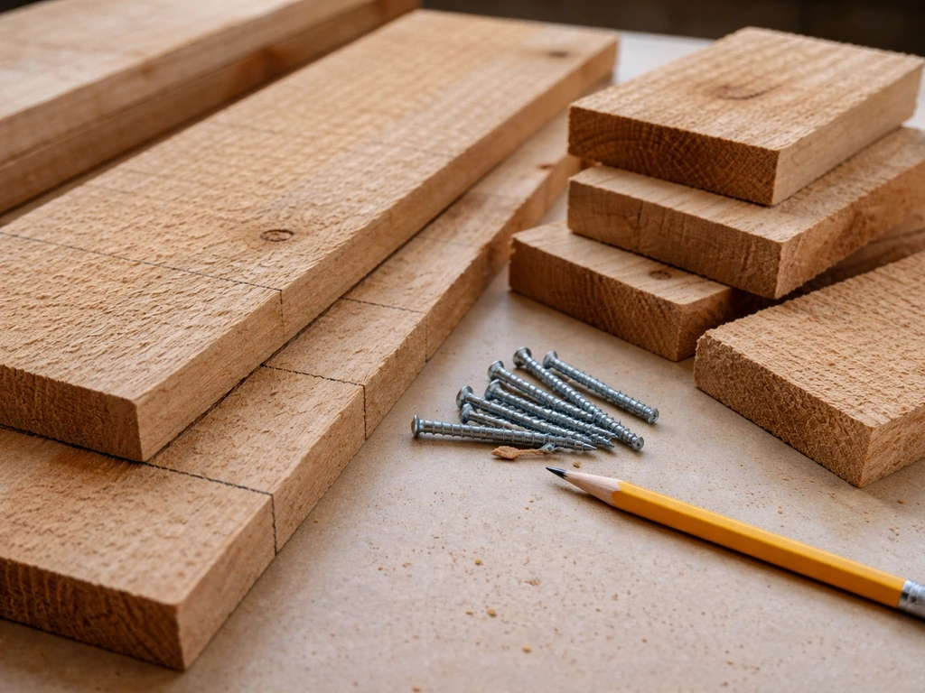 Close-up of rough-cut cedar boards, screws, and offcuts on a workbench for building a birdhouse