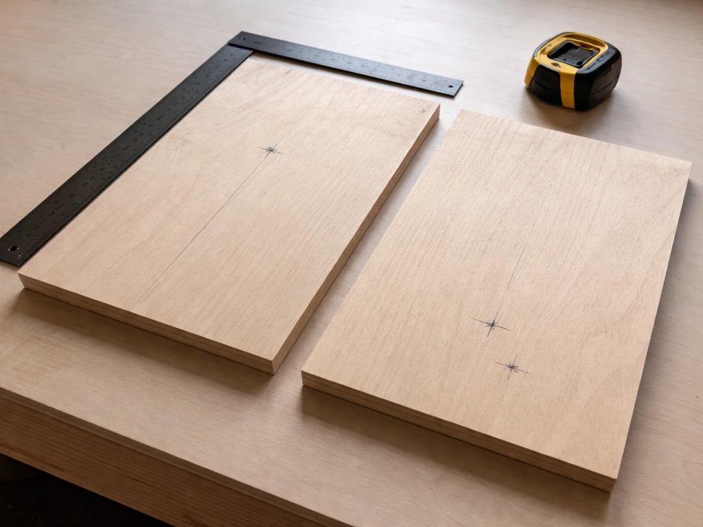 Carpenter’s square and tape measure beside cut wood panels with centered drill hole locations.