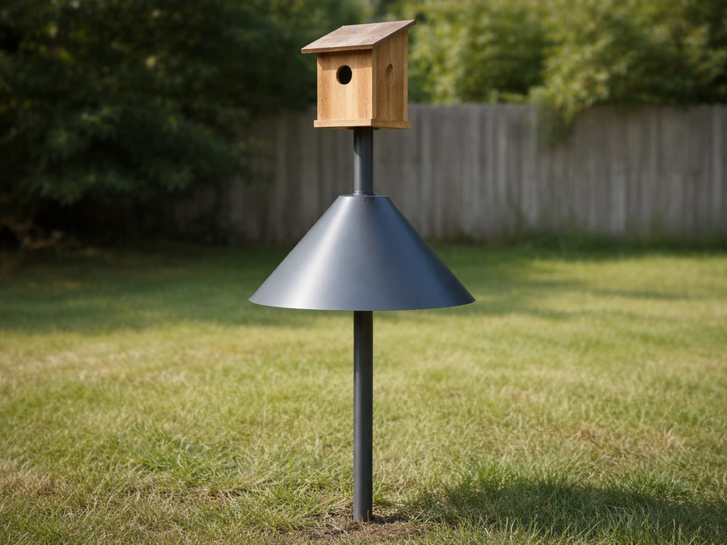Side view of a cone baffle and stovepipe on a pole with a secured birdhouse above, outdoors.