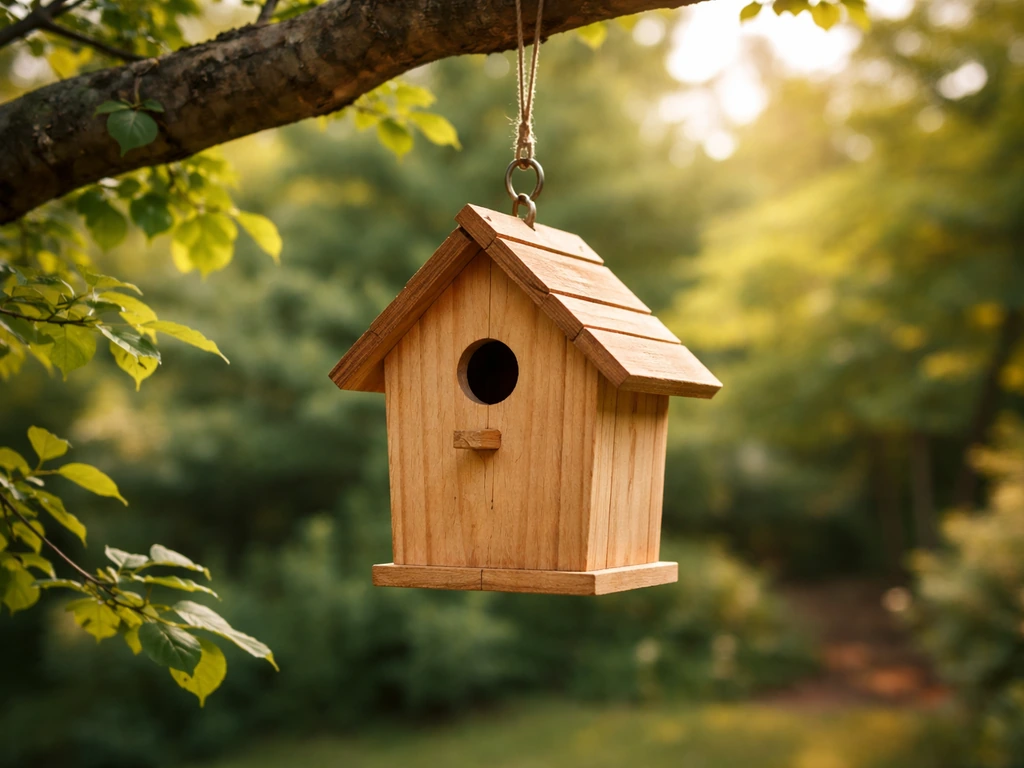 Hanging birdhouse from a backyard tree branch in warm natural light