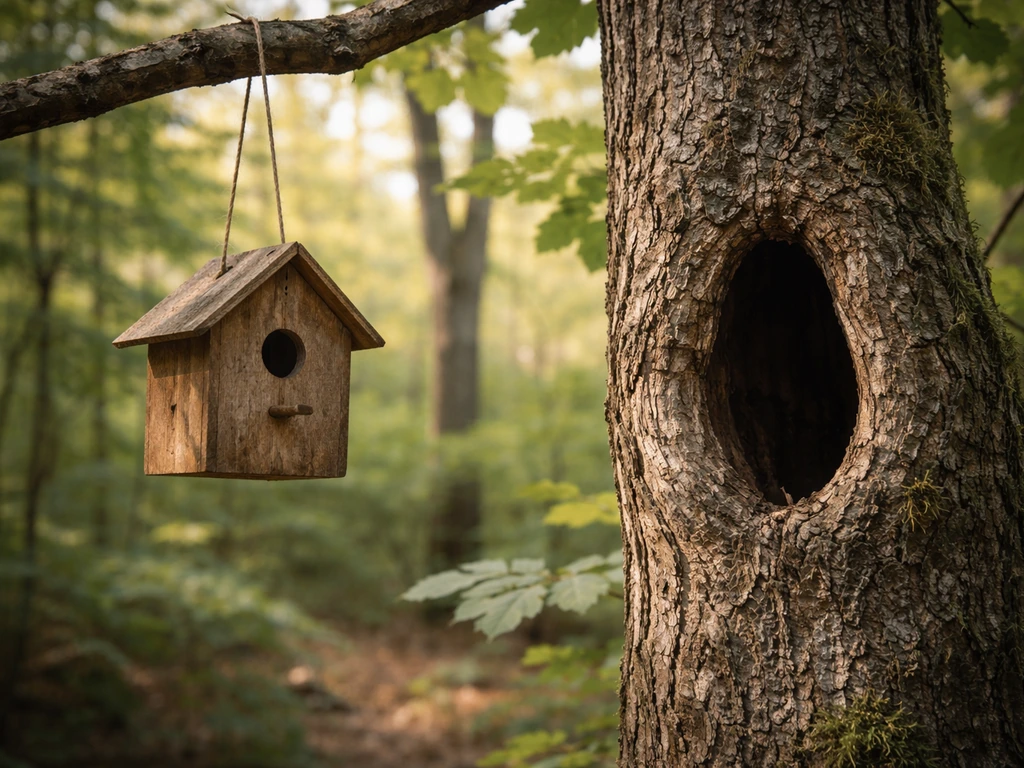 A hanging wooden birdhouse beside a natural tree snag cavity in a quiet woodland.