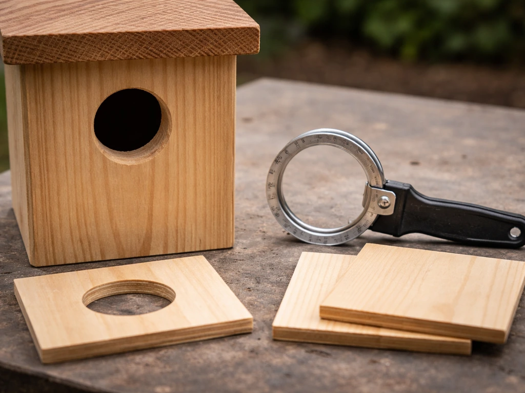 Close-up of a wooden birdhouse entrance hole with a diameter gauge and interior dimension pieces.
