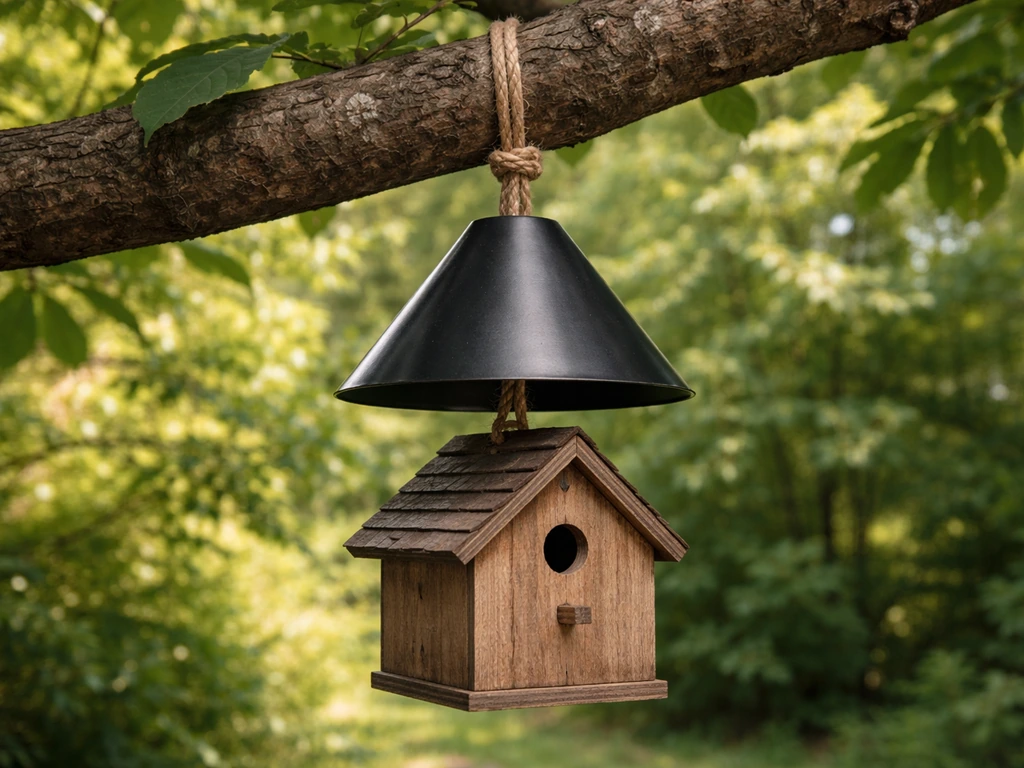Garden birdhouse hanging from a branch with short cord and a metal cone baffle blocking predators.