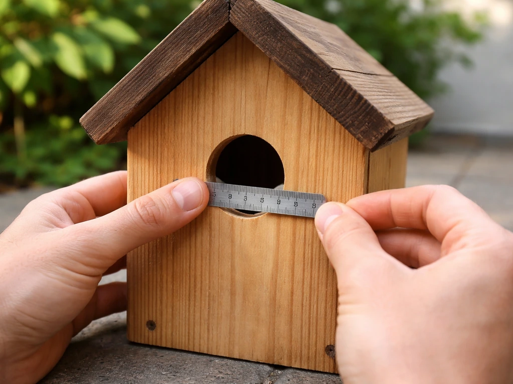 Close-up of hands measuring a birdhouse entrance hole diameter outdoors.