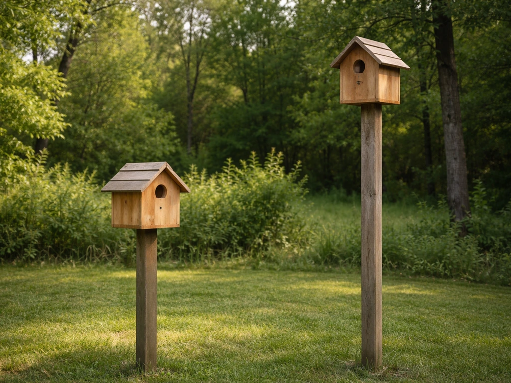 Two wooden birdhouses mounted on posts at different heights beside a grassy meadow edge.