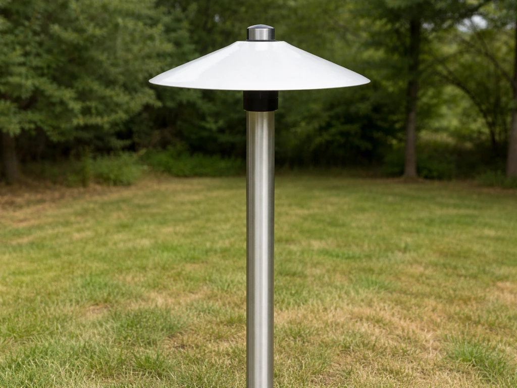 A smooth metal mounting pole with a baffled predator-proof fixture installed outdoors, blocking climbing access.