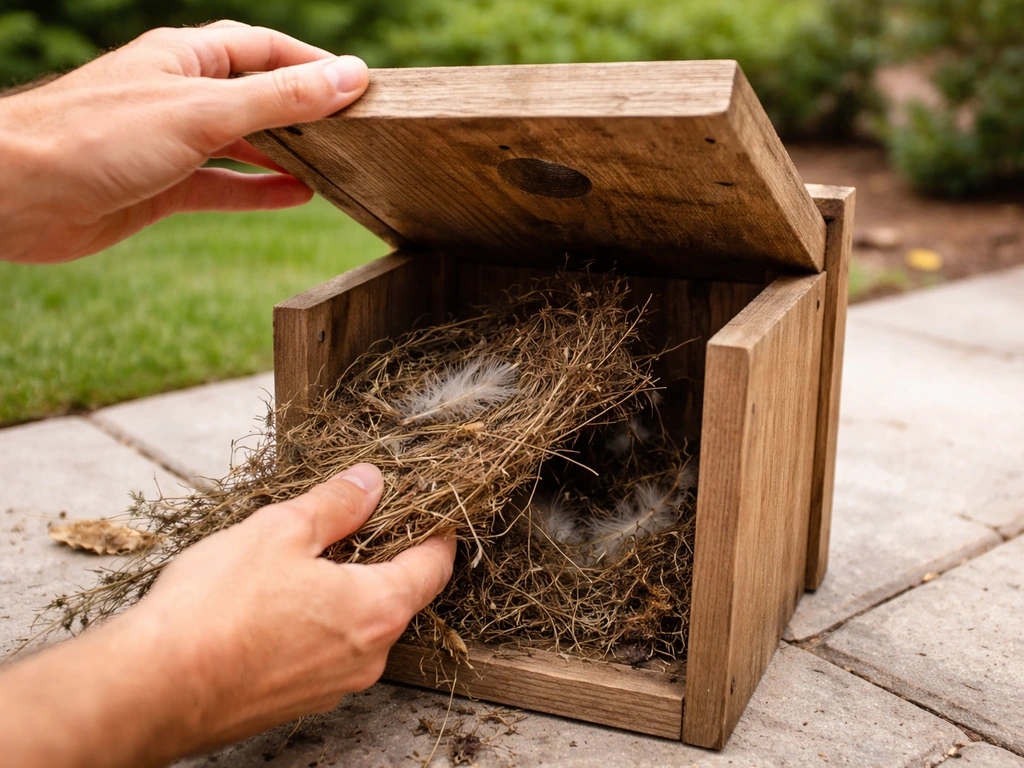 Hand opening a weathered birdhouse and removing old nesting material on a patio.