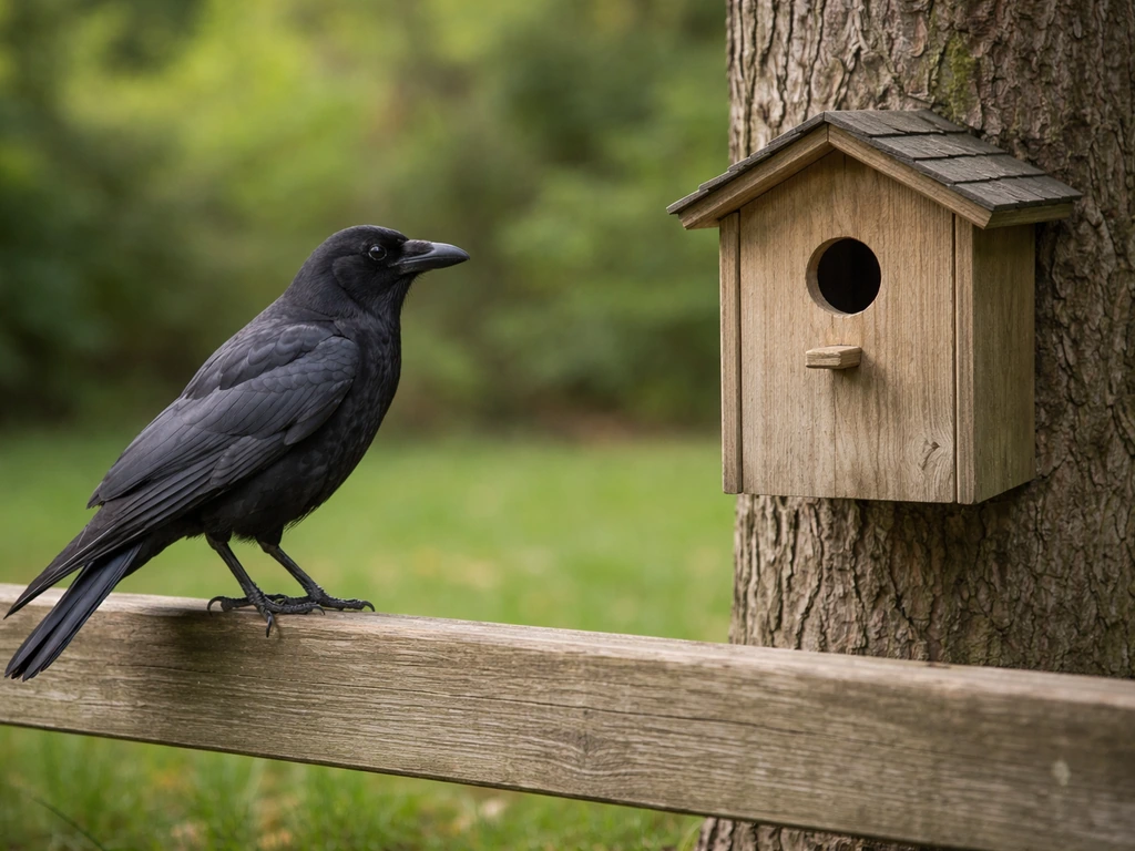 A crow perched near a hollow nest box intended for songbirds in a quiet backyard setting.