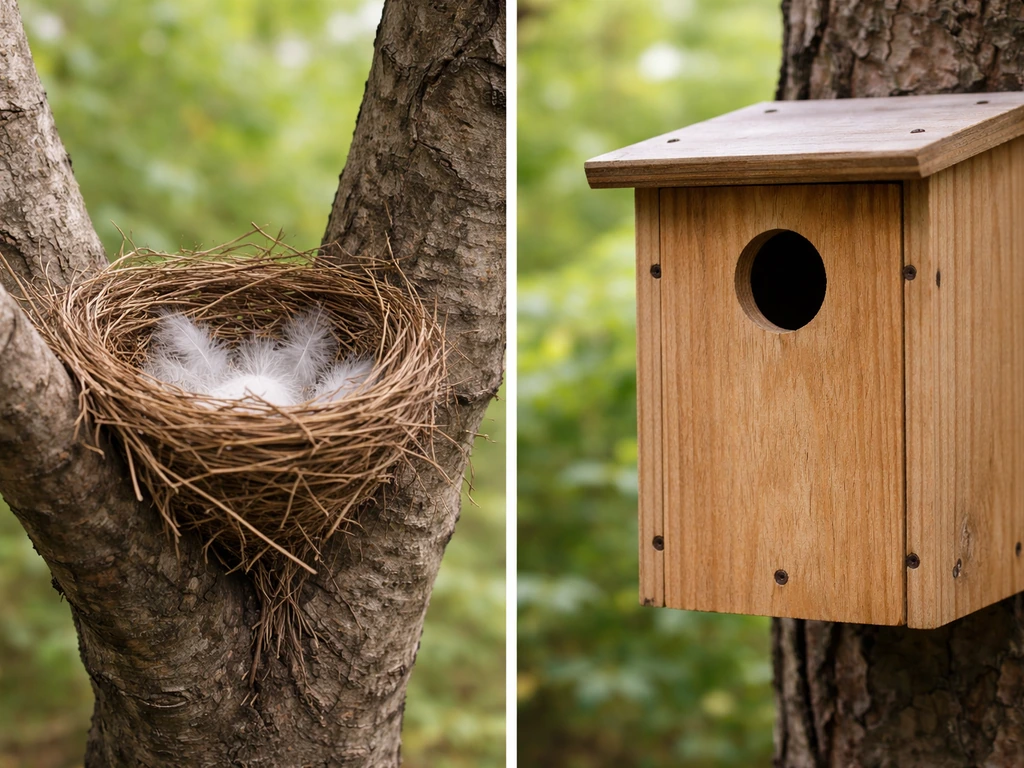 Side-by-side open-cup crow-style nest and enclosed cavity nest box in outdoor light.
