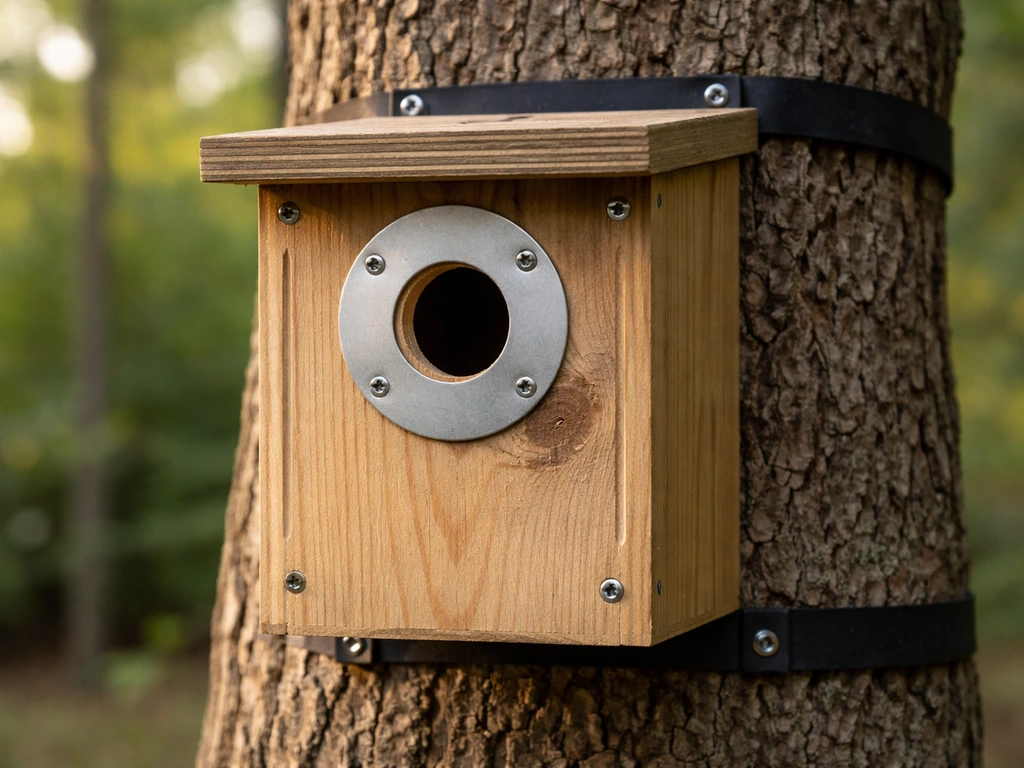 Close-up of a predator-proof birdhouse with metal baffle and secure mounting on a tree trunk