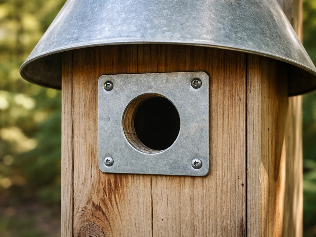 Close-up of a nest box showing a screwed metal entrance guard and a cone baffle above the hole.