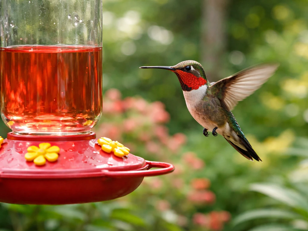 A hummingbird hovering by a nectar feeder with native flowers in the softly blurred background.