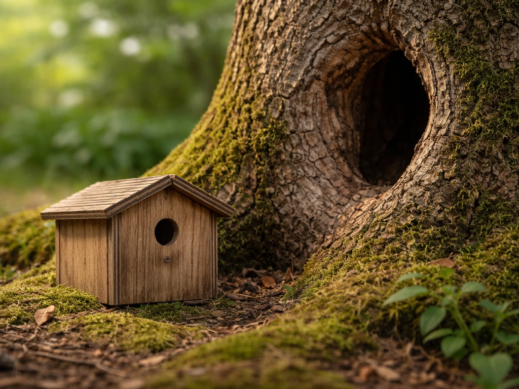A small enclosed “hummingbird house” next to a hollow tree cavity, showing why it doesn’t match real nesting spots.