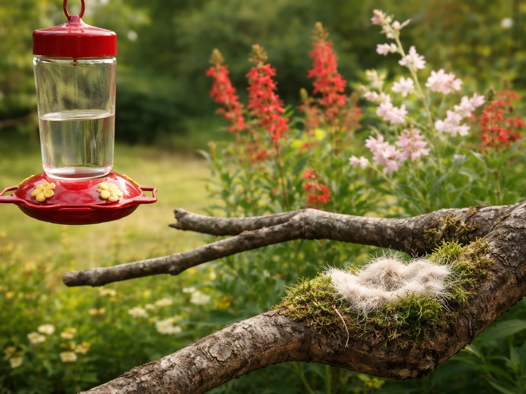 Backyard vignette with hummingbird feeder, native blooms, perching branches, and soft nesting material