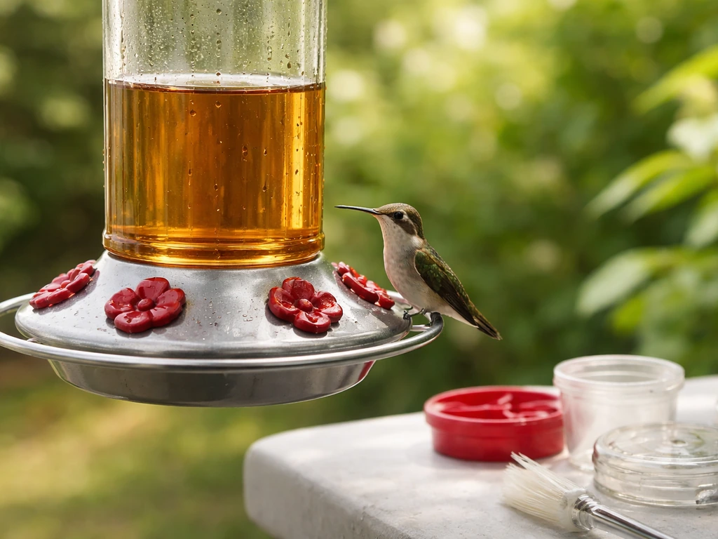 Close-up of a hummingbird feeder with fresh nectar, feeder parts cleaned and ready outside