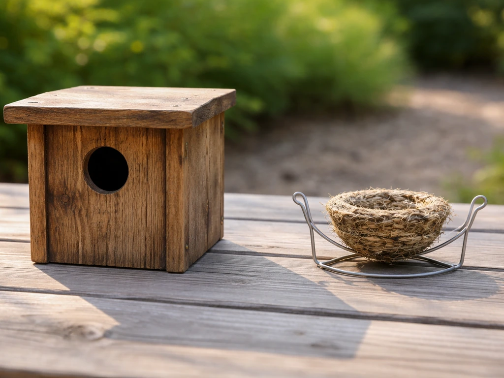 Side-by-side view of an entry-hole wooden box vs an open wire hummingbird nesting shelf outdoors.