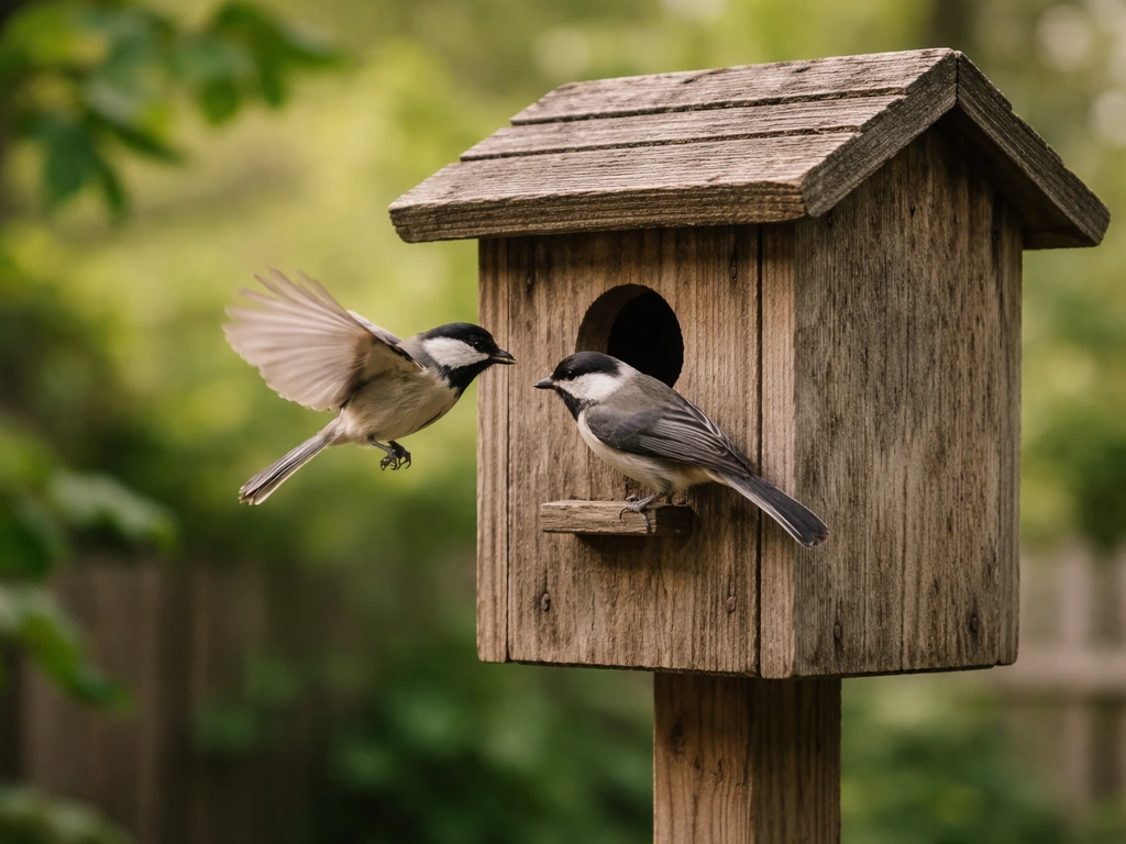 Small wild birds near a wooden nest box, showing early nesting timing and readiness