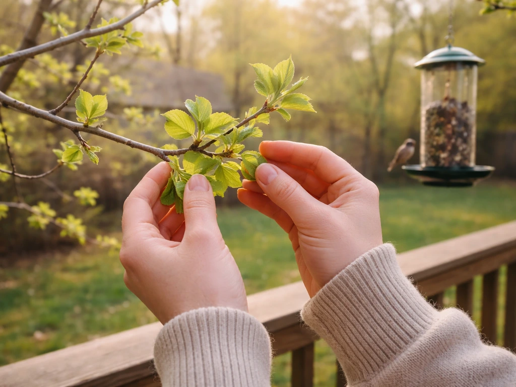 Hands check fresh spring leaf-out on a small tree branch beside a hanging bird feeder.