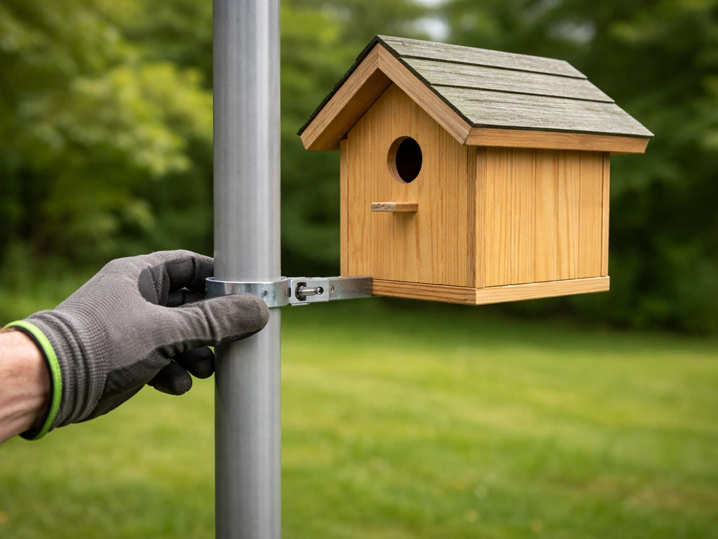 Gloved hand tightening a birdhouse clamp on a smooth metal pole, showing secure placement before birds arrive.