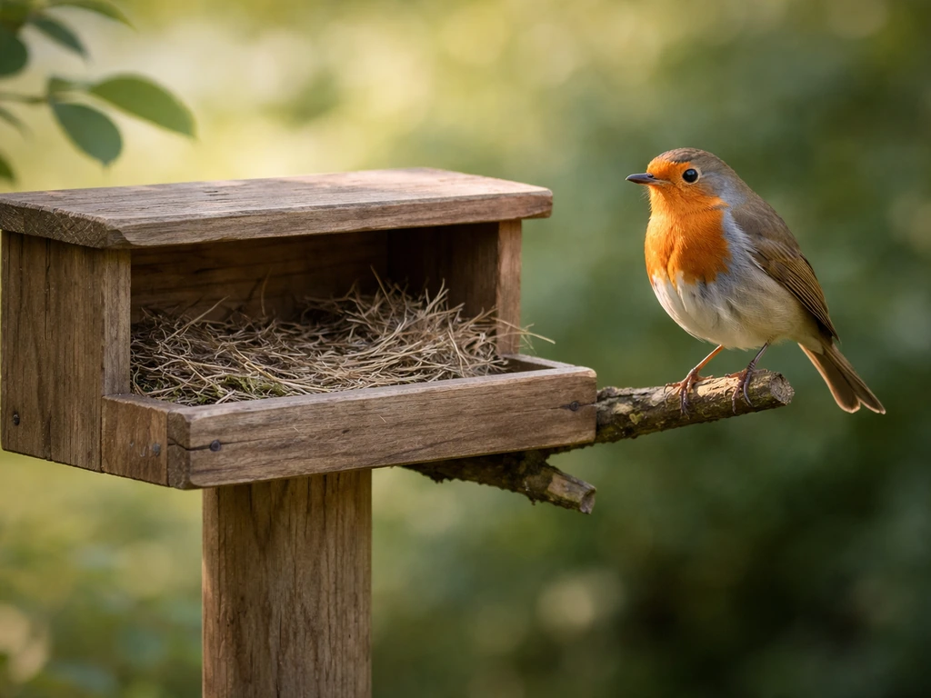 A robin perched beside an open-topped wooden nesting shelf in a garden setting