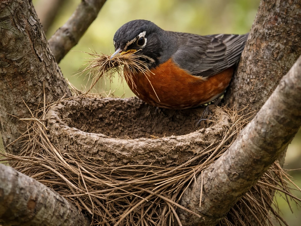 Close view of a robin building an open cup nest with grasses and twigs in a forked tree.