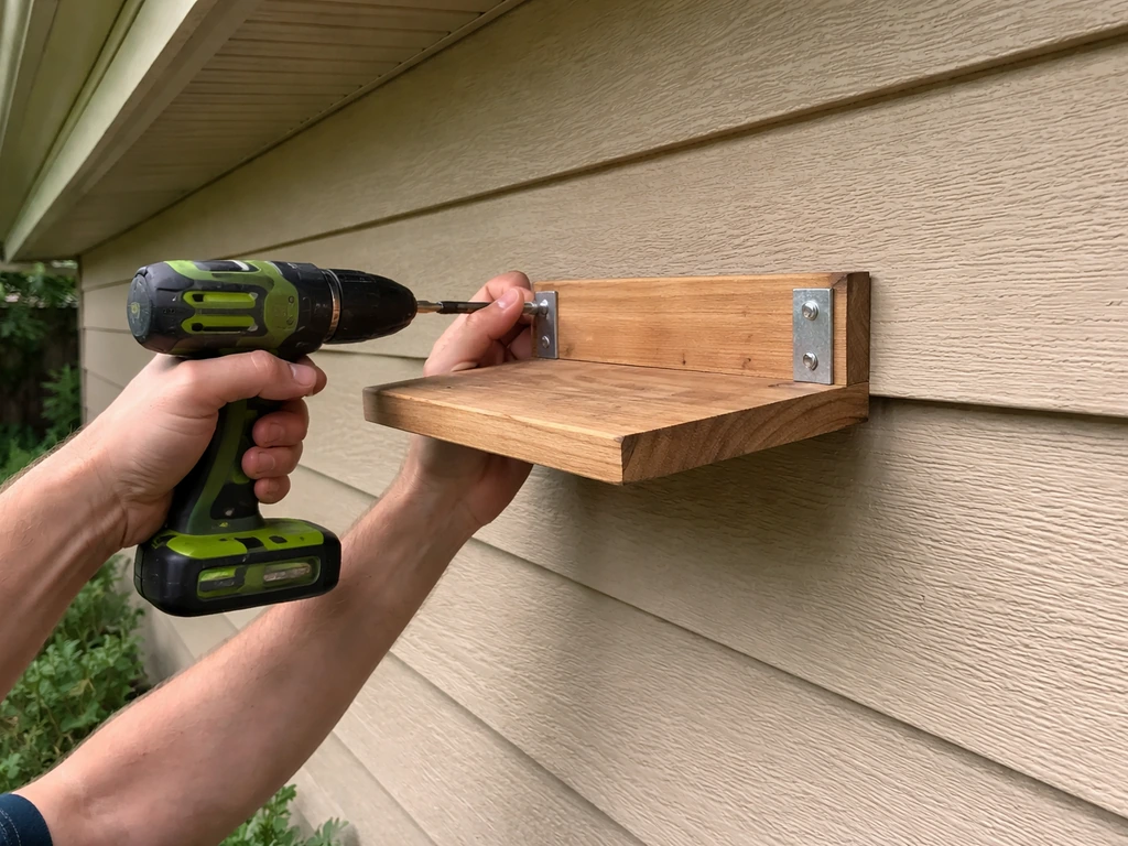 Hands mounting a robin nesting shelf under a home eave with a level and cordless drill