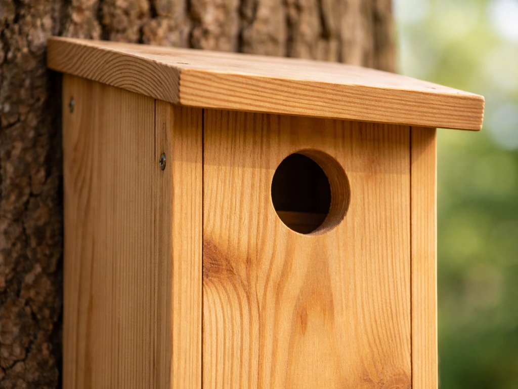 Close-up of a wooden birdhouse showing clean entrance, snug joints, and interior baffle/ledge detail.