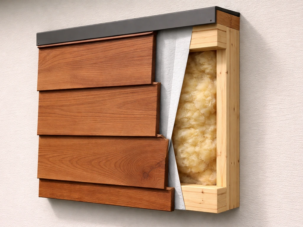 Minimal cutaway-style scene showing cedar siding, 3/4-inch wall thickness, and weatherproof finish on a house exterior.