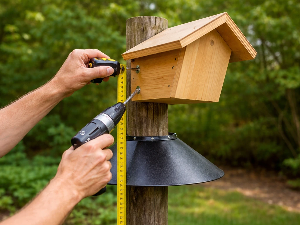 Hands mounting a birdhouse on a post with measured height and predator guard baffle in a garden.