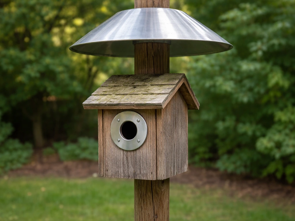 Birdhouse with a metal pole baffle and entrance guard blocking access for climbing predators