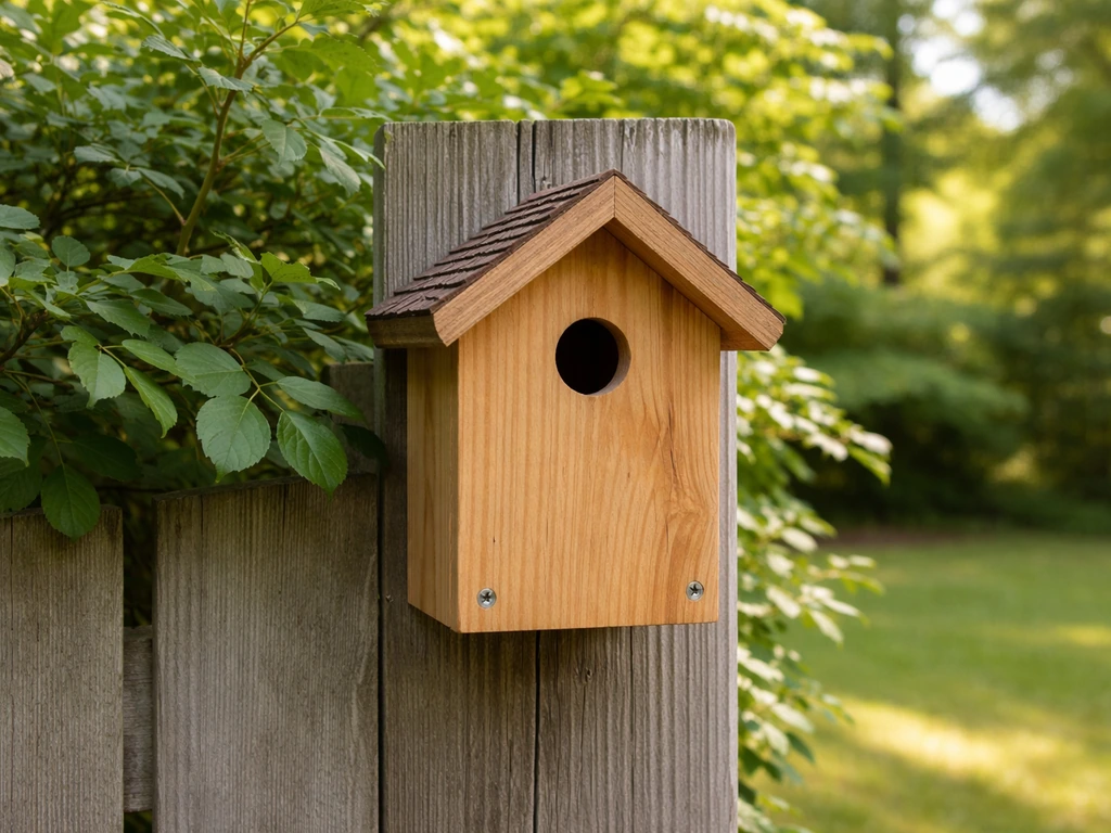 Mounted wren birdhouse on a fence post in a quiet yard with nearby shrubs for shelter.