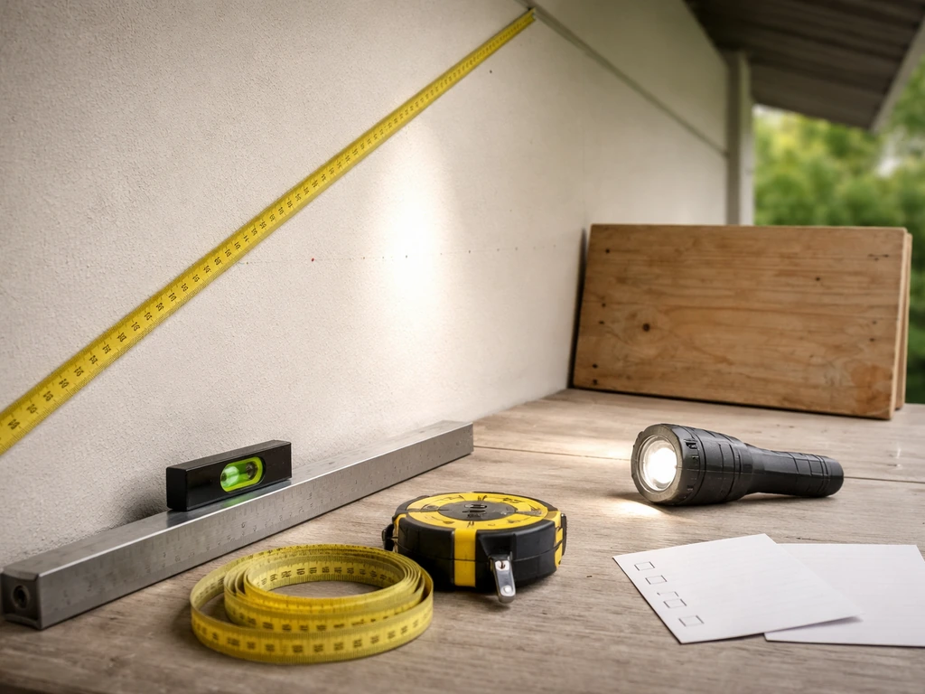 Tabletop setup with measuring tape and level against a wall, showing pre-drill height and placement checks.