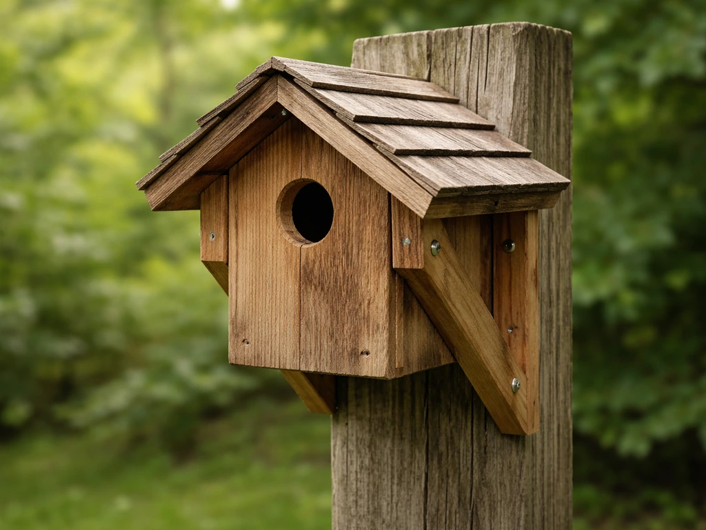 Wren birdhouse on a wooden post with side bracing and roof overhang shielding it from wind and rain.
