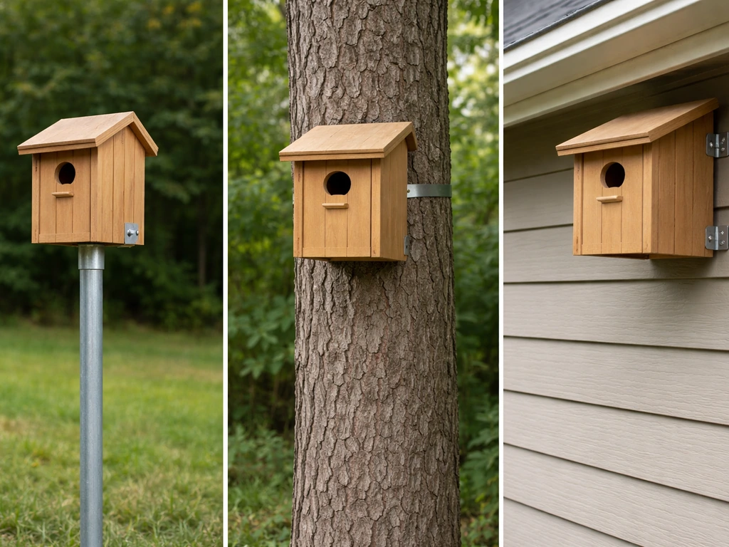 Three outdoor mounting setups side by side: on a metal pole, on a tree, and on a fence/eave.