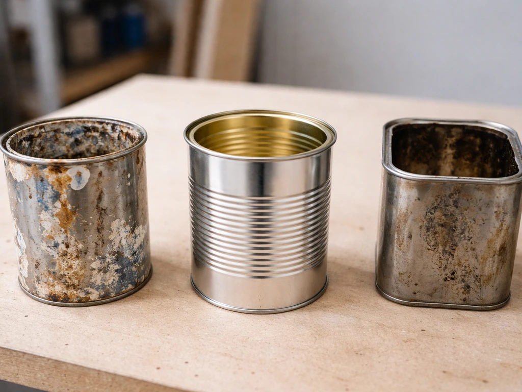 Cut-open safe food tin with intact lining beside rejected paint and chemical cans on a bench.