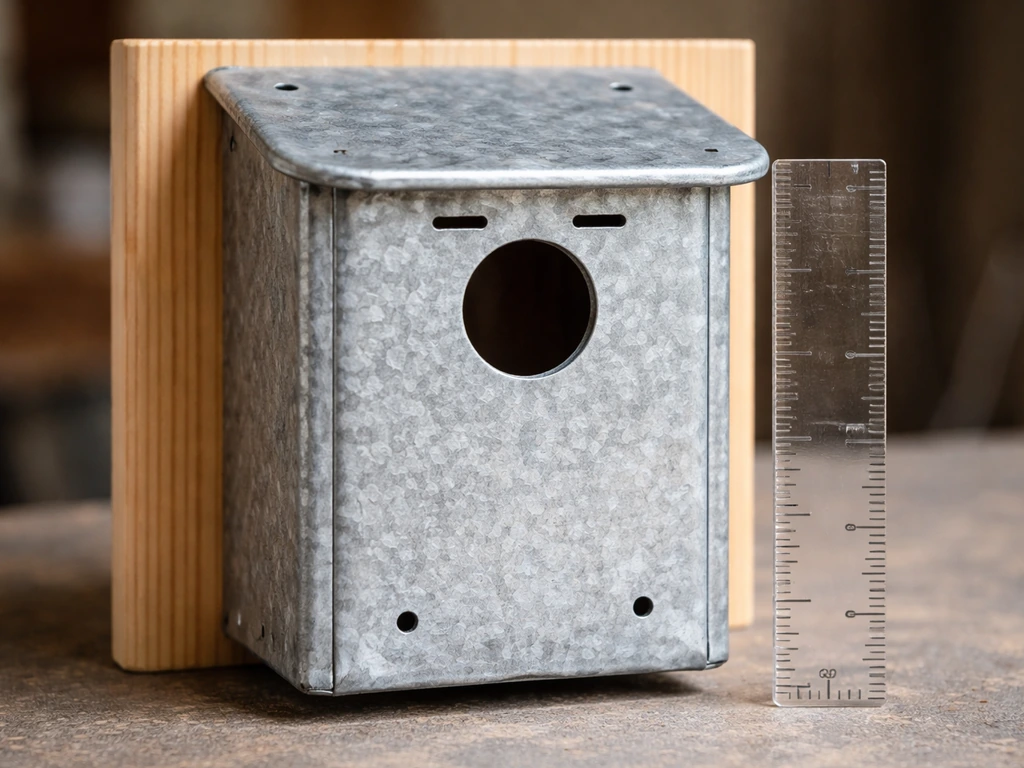 Tin nest box side showing an entrance hole, ventilation and drainage holes, with a ruler for measurements.