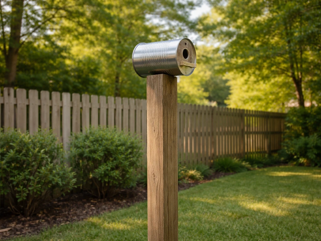 Tin can birdhouse mounted on a fence post at proper height, entrance facing north/east in a backyard.